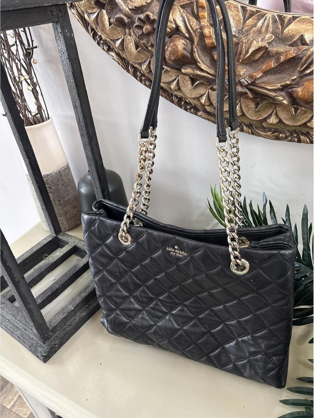 Kate Spade Black Quilted Leather Tote Bag with Chain Handles Purse Ladies